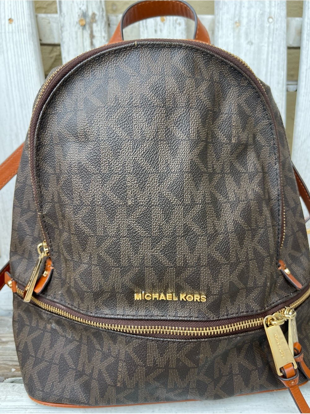 Michael Kors Rhea Medium Backpack Brown Acorn MK Logo Print Gold Zippers